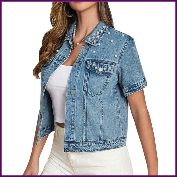 Cropped Denim Jacket with Pearls Short Sleeve Distressed Cotton Blend
